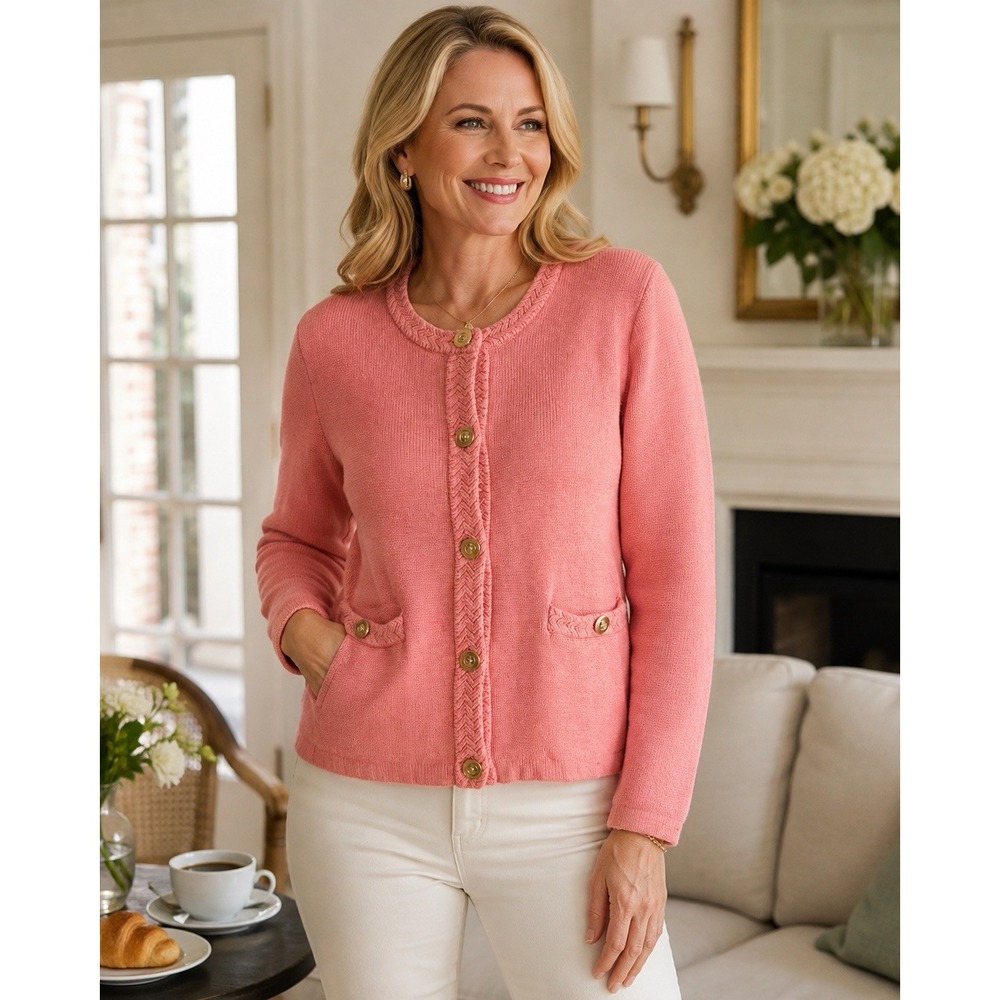 J Crew Women M Coral Pink Cotton Knit Cardigan Jacket Gold Button Cropped Thick